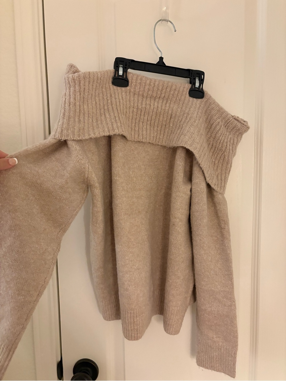 Beige Off-Shoulder Rib-Knit Women’s Sweater
